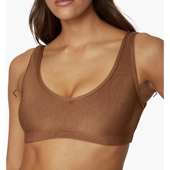 WeWoreWhat Sports Bra Brown V-Neck Ribbed Crop Top Stretch XS NWT - Picture 2 of 6